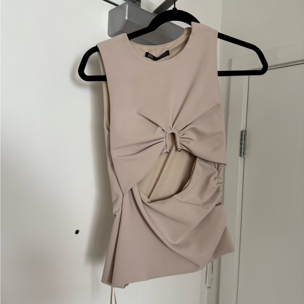 Zara Beige Ruched Crop Top With Cut Out